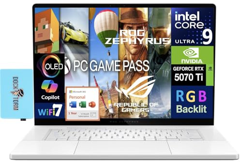 ASUS ROG Zephyrus G16 Laptop 16.0 240Hz WQXGA Display (Intel Ultra 9-285H, GeForce RTX™ 5070 Ti 12GB, 32GB LPDDR5X, 2TB SSD, RGB KB, Win 11 Pro) w/Microsoft 365 Personal, DKZ USB Port Expander