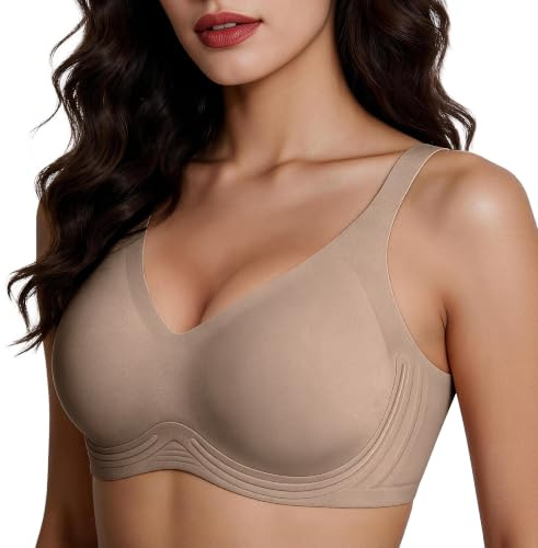 PQK Jelly Bra for Women Wireless Push Up Bra Seamless Comfortable T Shirt Bra No Underwire Full Coverage Support and Lift V Neck Everyday Bra Coffee