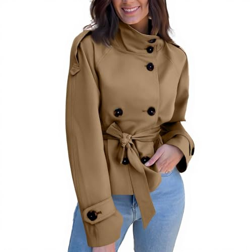 FUPODD Trenchcoat Damen Kurz Zweireihig Jacke Damen Mit Gürtel Kurzmantel Übergang Windjacke Leicht Mantel Trench Coat Einfarbig Jacken Stehkragen Herbstjacke Frauen Casual Übergangsjacke Elegant