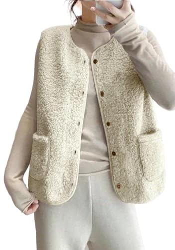 JClorix Gilet senza maniche donna Teddy Fleece Collo a V Corto Gilet pile smanicato con bottoni e tasche Gilet termico trapuntato gilet invernale caldo pratico per layering