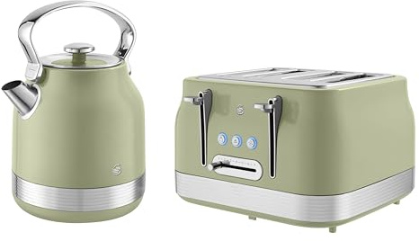 Swan Retro Kitchen Set, 1.7L Rapid Boil Kettle with 360 Degree Base, 3000W, and 4 Slice Toaster with 7 Browning Levels, 1860W, Green, SK14631GRN & ST19029GRN