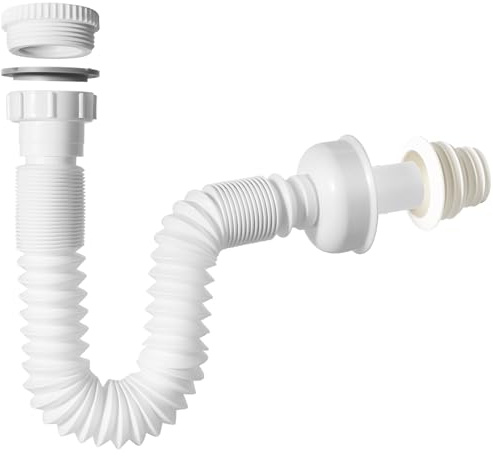 Flexibler Ablaufschlauch mit Verschlussstopfen, Siphon Waschbecken G 1 1/4” x 32mm ausziehbar 350-880mm Syphon Abflussrohr, Röhrensiphon aus Kunststoff für Badezimmer, Waschbecken