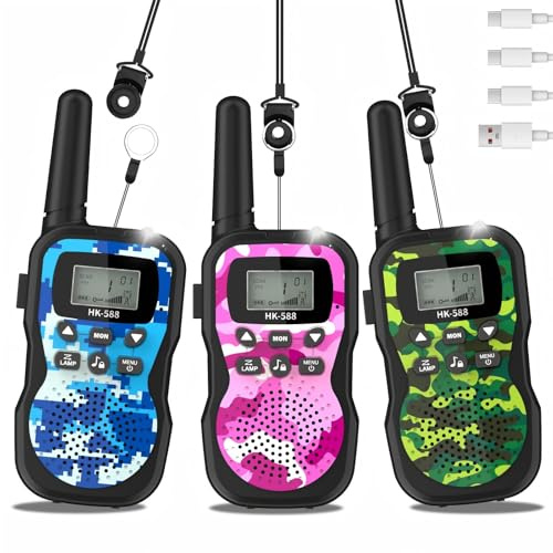 Walkie Talkie Kinder 3er Set ab 3‑12 Jahren, Walkie‑Talkie Aufladbar 3 km | Kinder Walkie Talkie，Geschenk Junge Mädchen, PMR446，1000mAh Akku, 8 Kanal，VOX Taschenlampe, Für Outdoor, Camping, Wandern