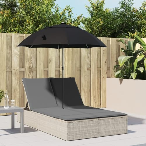 ZQQLVOO Doppel-Sonnenliege mit Kissen und Schirm in Hellgrau aus Poly Rattan, 4-Fach verstellbare Rückenlehne, Kippmechanismus für optimalen Schatten, Gartenmöbel mit abnehmbaren