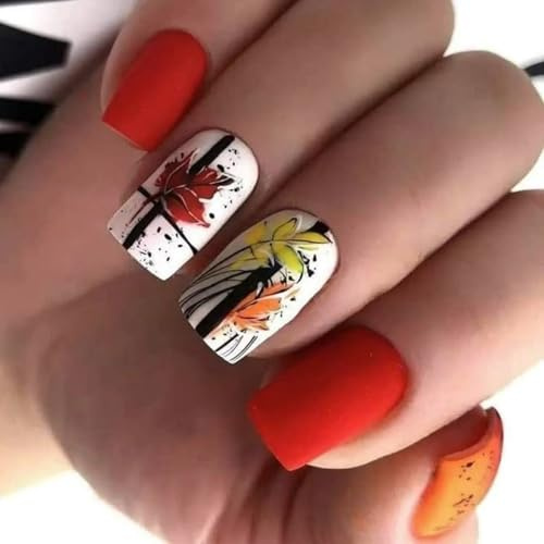 Faux ongles avec finition mate - Motifs artistiques de Thanksgiving pour fêtes saisonnières - Faux ongles mats pour l'automne et les vacances