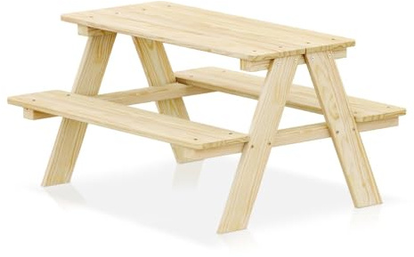 Syskan Kindersitzgruppe „Picknick“ aus massivem FSC-Kiefernholz – Outdoor Sitzgruppe für bis zu 4 Kinder, Stabiler Picknicktisch aus Naturholz, Gartentisch mit Bänken, ideal für Garten und Terrasse