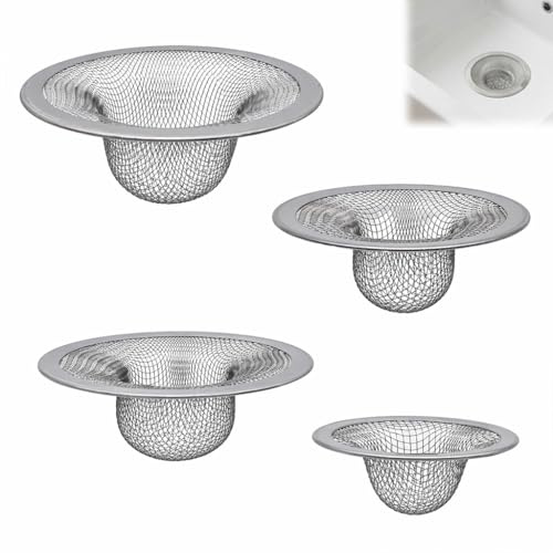 4 Pack Kitchen Sink Strainer, Stainless Steel Sink Drain Strainer, Shower Drain Cover Hair Catcher, Anti-Clogging Sink Filter Plug Hole Strainer for Bathroom Bathtub Wash Basin