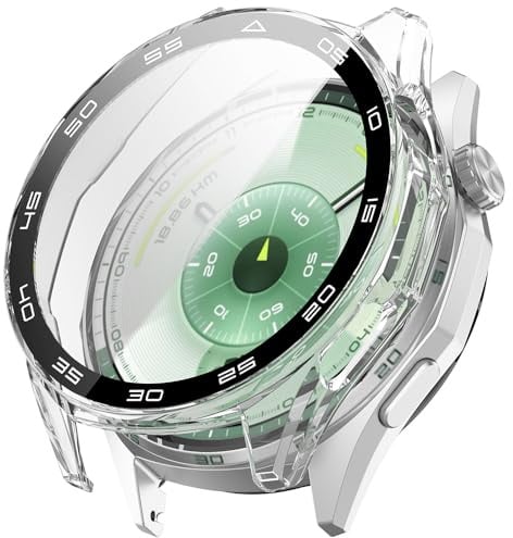 Techsuit für Huawei Watch GT 6 46mm Hülle und Displayschutz mit Lünette, Gehärtetes Glas, HD Klarheit, Volle Abdeckung, Kratzschutz, Defense360 Pro, Transparent