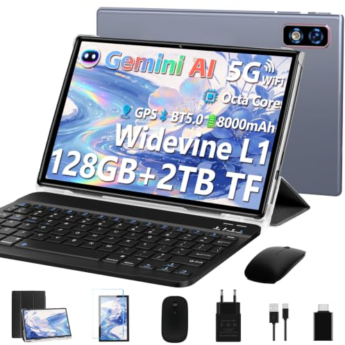 2026 Tablette 10 Pouces Android AI Tablettes, 22GB+128GB (1To Extensible), 5G WiFi,8 Cœurs 2,0GHz,8000mAh,Widevine L1, Netflix FHD,8MP+5MP,GPS,Hotspot,BT5.0,Tablette avec Clavier Souris et Cas-Gris
