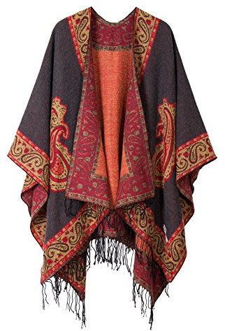 Modischer Damenponcho, Vintage-Umhang mit Quasten, traditionelles Muster, Schal-Umhang Gr. Einheitsgröße, Serie 2-grau