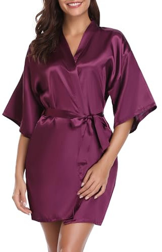 Vlazom Womens Kimono Robes Dressing Gown Satin Bathrobe Nightdress Short Style Bridal Robe with Oblique V-Neck (Dark Purple, M(UK 8-10))