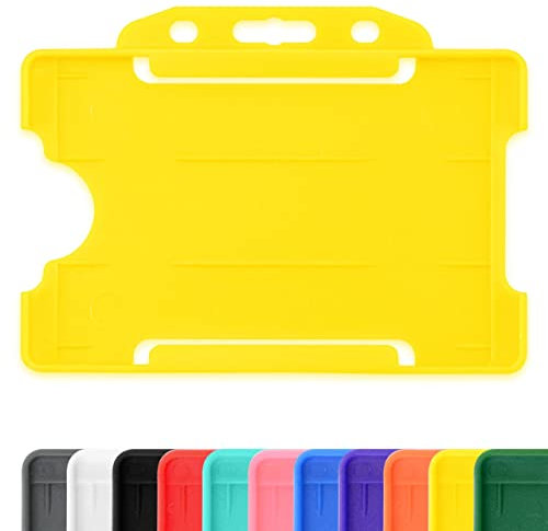 CKB LTD 10x Yellow Single Sided Rigid Slide in Open Faced ID Card Badge Holders Horizontal/Landscape Identity Plastic Pass Protector - Holds a 86mm 54mm cr80 Credit Card Sized