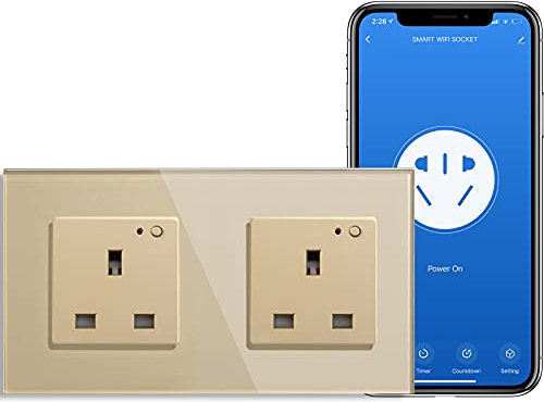 BSEED WiFi Smart Socket Double Pole Alexa Switched Socket Indicator On/Off Switch Button 157mm Termpered Glass Panel 2 Gang 1 Way Alexa/Google/Echo Dot Embedded Wall Outlet Gold