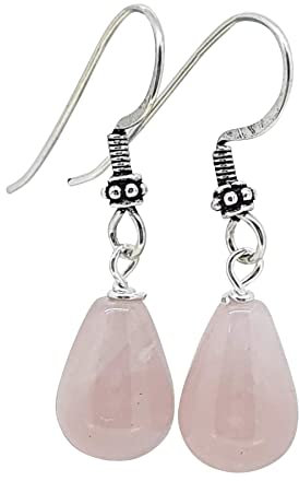 TreasureBay Gorgeous Teardrop Natural Gemstone Earrings 925 Sterling Silver Hook, Women's Gemstone Earrings (Rose Quartz)