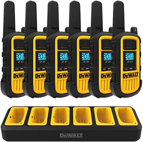 DEWALT DXPMR800 Heavy Duty Professional Walkie Talkie PMR Radio with Up to 15 Floors/10km Range, License Free - Black and Yellow (6 Pack + Gang Charger), DXPMR800-BCH6