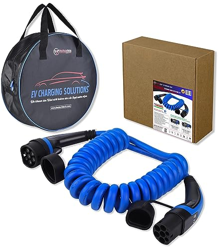 TEUTSCHTECH, EV Ladekabel Spiral I 5M I TYP2 auf TYP2 I 22kW I 3X32A I 3-phasig I Nutzbare Länge ca. 3M I Versilberte Kontakte I Temperatursensor I Schutz vor Brand