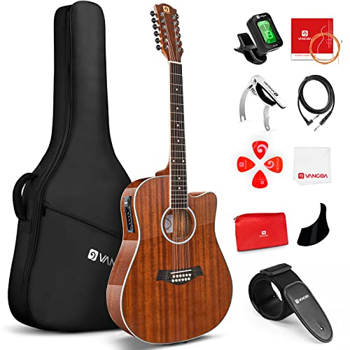 Vangoa 12 Saitige Gitarre, Akustisch-elektrische Dreadnought Cutaway Gitarre Bundle, Sapele Korpus, Braun
