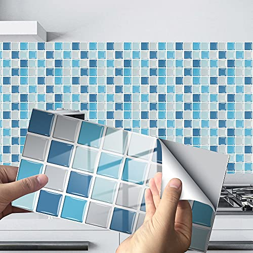 Hiseng 24/48 Piezas Rectángulo Adhesivos Decorativos Azulejos Pegatinas para Baldosas del Baño, Mármol Mosaico Estilo Cocina Resistente al Agua Pegatina de Pared (Azul Mosaico,24Piezas)
