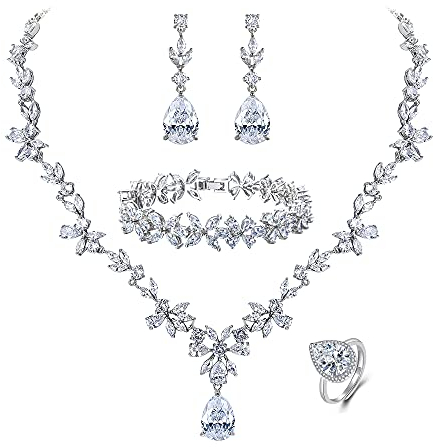 EVER FAITH Sschmuck Set für Damen Hochzeit Party Cubic Zirkonia Fashion Floral Blatt Halskette,Baumeln Ohrringe und Tennis Armband Ring Klar Siler-Ton