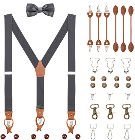 Herren Y-Form 3,5cm Breit Hosenträger & Fliege Set 6 WAY TO WEAR Knopf- Klammer- Hummer- Verschluss Latzhose Schnalle Verlängerte Hosenträger für Körpergröße 160-200cm - Dunkelgrau
