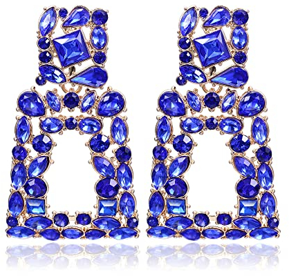 EVER FAITH Pendientes cuadrados grandes bohemios de goteo de cristal geométrico con diseño azul en relieve
