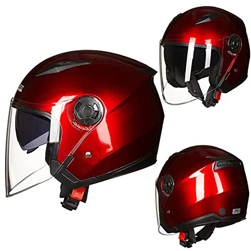 Jethelm Im Vintage-Stil, Erwachsene 3/4 Retro-Motorradhelme Motorrad-Halbhelm Für Männer Und Frauen Mit Doppelvisier, Sommerroller, Leichter Mopedhelm, ATV-Straßenhelm,Rot,XL