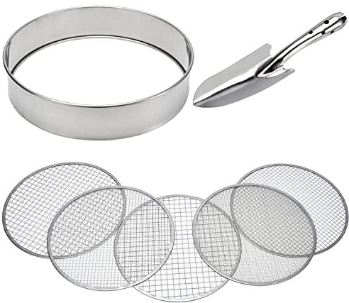 Soil Sieve Stainless Steel Riddle Sieve Set Garden Potting Sieve, 12 Diameter, with 5 Filter Mesh Sizes 3,6,9,10,12mm and Shovel