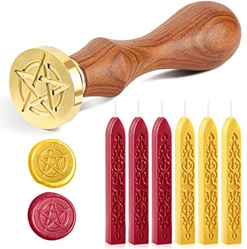 6 Stück Siegellack mit Dochten und Wachssiegel Stempel, Siegelwachs set für Umschlag/Einladungen/Karten/Geschenk/Retro Wachs Siegel - Stern Stempel