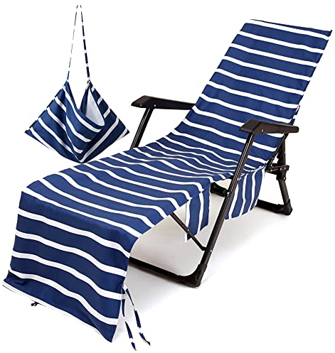 Morbuy Beach Chair Cover, Solid color Striped Lounger Bags with Pockets Sunbed Towels Fitted Microfiber Sun Lounger Towels for Summer Outdoor Pool Vacation Travel (dark blue)