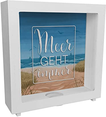 Meer geht Immer Rahmen Spardose aus Holz mit Urlaubsmotiv praktisches Sparschwein als Urlaubskasse für Kinder und Familie, um für den Urlaub am Meer zu sparen