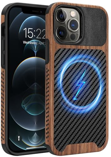 ZZDZZ Cover Magnetica per iPhone 12 Pro Max, Custodia in Legno con Carbonio e Pelle Design Protezione Antiurto Cover Compatibile con iPhone 12 Pro Max (Nero)