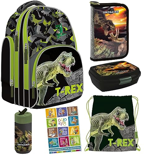 Goldkids T-Rex Dinosaurier 6er Set Schulranzen Ranzen Tornister Federmappe Turnbeutel Trinkflasche Brotdose Aufgabenheft für die Grundschule ab der erste Klasse