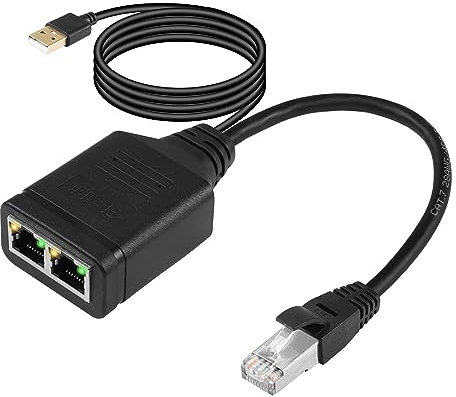 SinLoon Adattatore splitter di rete Gigabit da 1 maschio a 2 femmine Switch Ethernet ad alta velocità 1000/100Mbps con porta di alimentazione USB per computer, hub, switch, ecc. (1 Male to 2 Female)