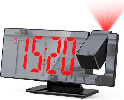 Criacr Projection Alarm Clock, Large Digital Clock with 7.8 LED Mirror Screen, Alarm Clocks Bedside with 180° Projector, 4 Adjustable Brightness, Night Mode, Snooze, Temperature, Time, Date for Kids