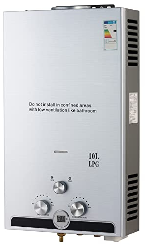 VONLUCE Gas Water Heater, 10L LPG Water Heater Tankless Instant Water Boiler with Winter & Summer Modes, 17kW Stainless Steel Water Heater, CE Certified Hot Water Heater with Copper Core & LED Display