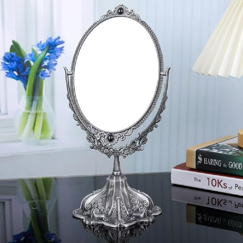 Guppy 38,1 cm Metall Vintage Make-up Spiegel, Tisch Ovaler Kosmetikspiegel, Vintage Drehbarer doppelseitiger Kosmetikspiegel mit geprägtem Rahmen Standfuß, Retro-Spiegel für Kommode, Geschenk, Silber