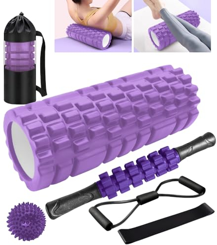 Faszienrolle, Qveetry 6 in 1 Foam Roller Faszienrolle Sets mit Massageroller Stab, Widerstandsbänder Krafttraining, Massageball, Fitnessbänder, 33cm Schaumstoffrolle für Yoga Pilates Sport,Lila