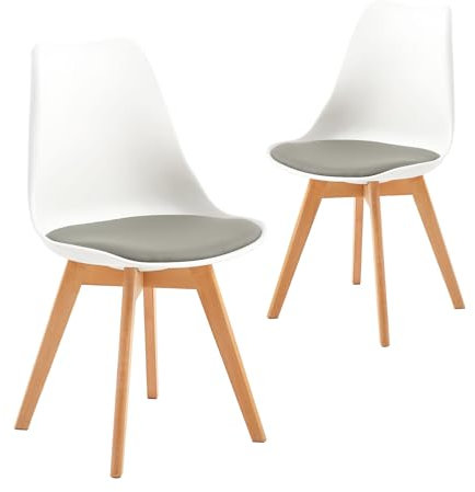 EGGREE 2er Set Skandinavische Stühle für Esszimmer, Küche, Büro mit Massivholz Buche Bein und PU Leder Kissen, Weiß & Grau