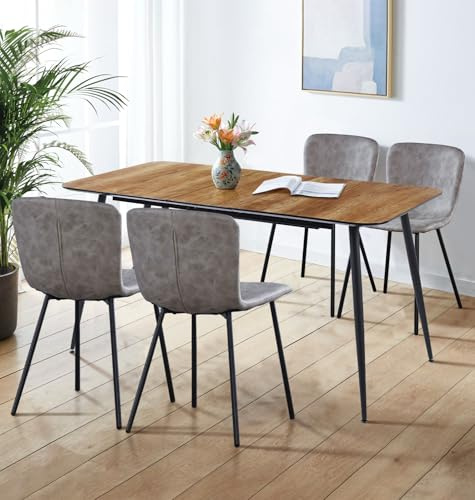 Hallowood Furniture Cullompton Large Extendable Dining Table 4-6 Seater | Oak Effect Top with Removable Leaf Extending Kitchen Table and Chairs in Taupe Faux Leather, 4-6 Dining Set for Home and Cafe