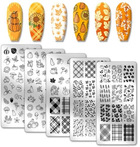 PH PandaHall Fall Thanksgiving Theme Nail Stamp Plates 126 Patterns Stainless Steel Nail Template 5PCS Pumpkin Maple Nail Art Plate for Autumn Thanksgiving Day Nail Art Design 12x6cm