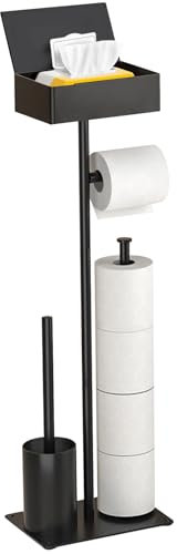 Toilet Paper Holder Stand with Shelf, Flushable Wipes Dispenser, Free Standing Toilet Tissue Roll Storage Rack Organizer for Bathroom, With Toilet Brushes Holder