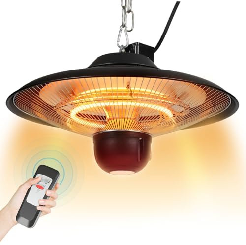 Fiqops Deckenheizstrahler, Infrarot Heizstrahler 2000W,mit 2 Heizstufen,Kette,Fernbedienung,Heizpilz Infrarot für Terrase, Balkon oder Außengastronomie,Deckenheizstrahler outdoor IP24 Wasserdicht