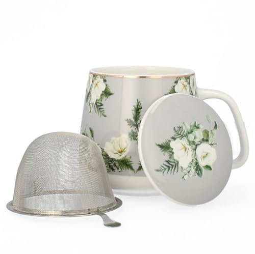 LIVELLO Porzellan Teetasse mit Metall-Teesieb 500 ml Eleganter Teebecher mit Deckel Porzellan Tasse für losen Tee Küchenzubehör Geschenkidee Tee Kaffee großer Becher stilvolles Design Grau