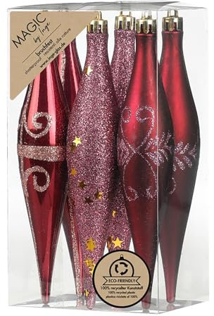 Inge-glas Christbaumschmuck Eiszapfen 15cm Kunststoff 6er Set - bruchsicher & mit Glitzer Muster - Christbaumkugeln für Weihnachtsbaum - Weihnachtsbaumkugeln & Weihnachtsbaumschmuck - Bordeaux Red