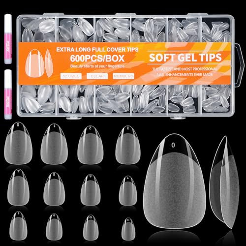 MELLIEX 600 Pezzi Punte Unghie Finte Trasparenti Acriliche Copertura Totale Tip Unghie Ricostruzione Corto Tip in Gel Set con Colla per Nail Art, Mandorla