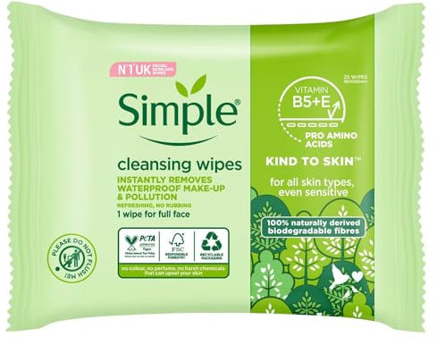 Simple Kind To Sensitive Skin 25 Cleansing Facial Wipes Pack of 1 Vitamin B5 + E Waterproof Makeup Remover Refreshing Biogradable Large Wet Towel Sheet with Welari Thank You Card | (1pack) (25wipes)