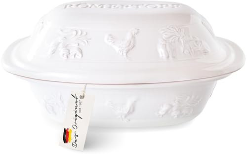 Römertopf Bräter RUSTICO für 4 Person - 3 Liter Schmortopf mit Deckel aus Keramik - Zum Schmoren, Braten und Dampfgaren - Backofengeeignet, Weiß