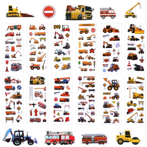 HJZHII 12 Blätter 3D Aufkleber für Kinder & Kleinkinder,3d Sticker Kinder,Bagger Traktor Sticker Puffy Auto Fahrzeug Bagger Belohnungssticker Geschwollen Stickers für Jungen Lehrer Kindergeburtstag