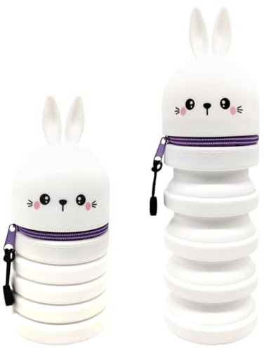 DGTSYAL 2 in 1 Weiche Silikontasche Kawaii Federmäppchen, Tischstifthalter, Reißverschluss, Silikon, Stiftetasche Buntstifte Marker, Büro, Uni, niedlicher Schulbedarf, Mädchen (Weißer Klapphase)