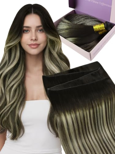 Fshine Extensions Echthaar Tressen Dunkelbraun bis Platinblond 50 cm 60 g | Genius Tressen Echthaar, ohne kurze Rückhaare, frei zuschneidbare Basis, geringe Aufbauhöhe, für feines Haar
